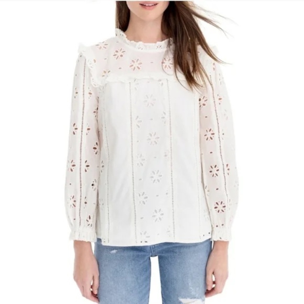 J. crew White Cream Floral Eyelet Ruffle Peasant 3/4 Sleeve Blouse Top